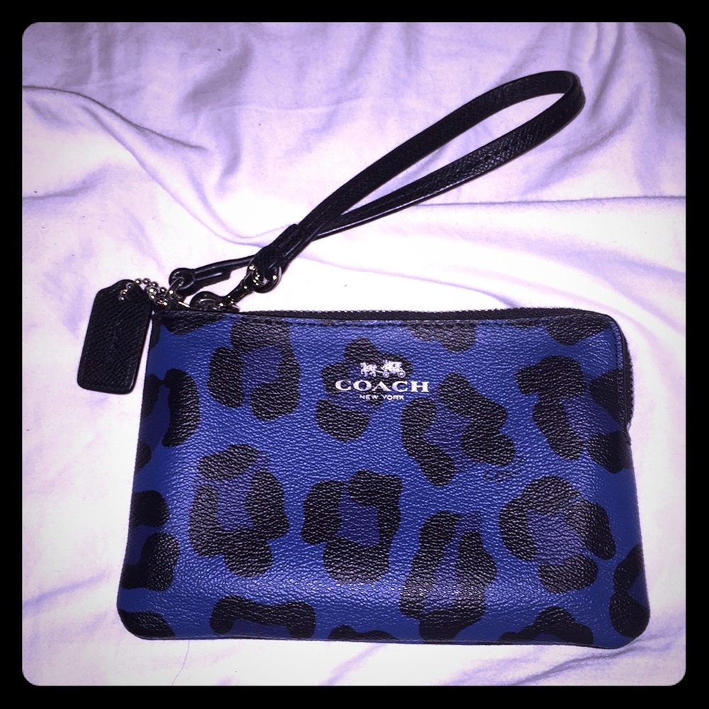 Coach black and blue animal print wristlet